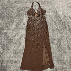 Alfred Angelo Chocolate Brown Halter Prom Gown with Beaded Bodice